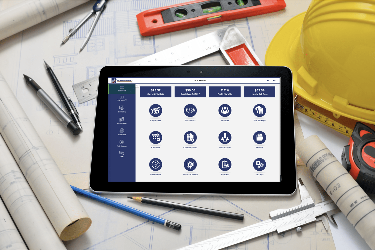 Tablet showing SERVVIAN software home screen with helmet and blueprints