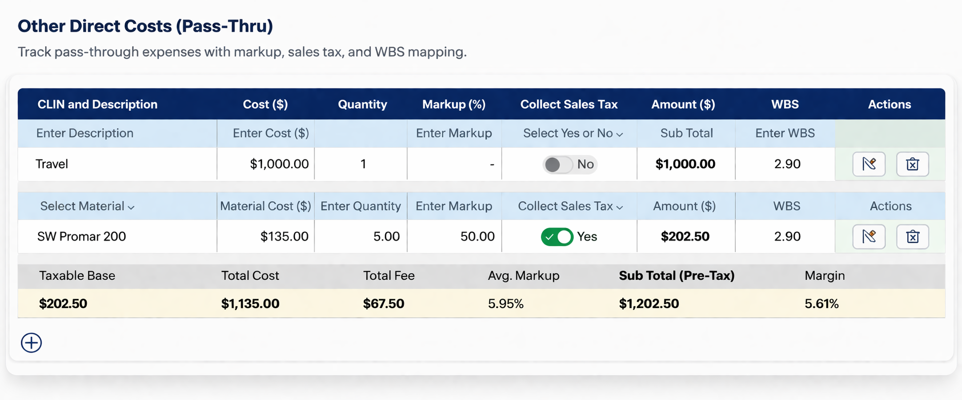 Other Direct Costs pass-thru preview