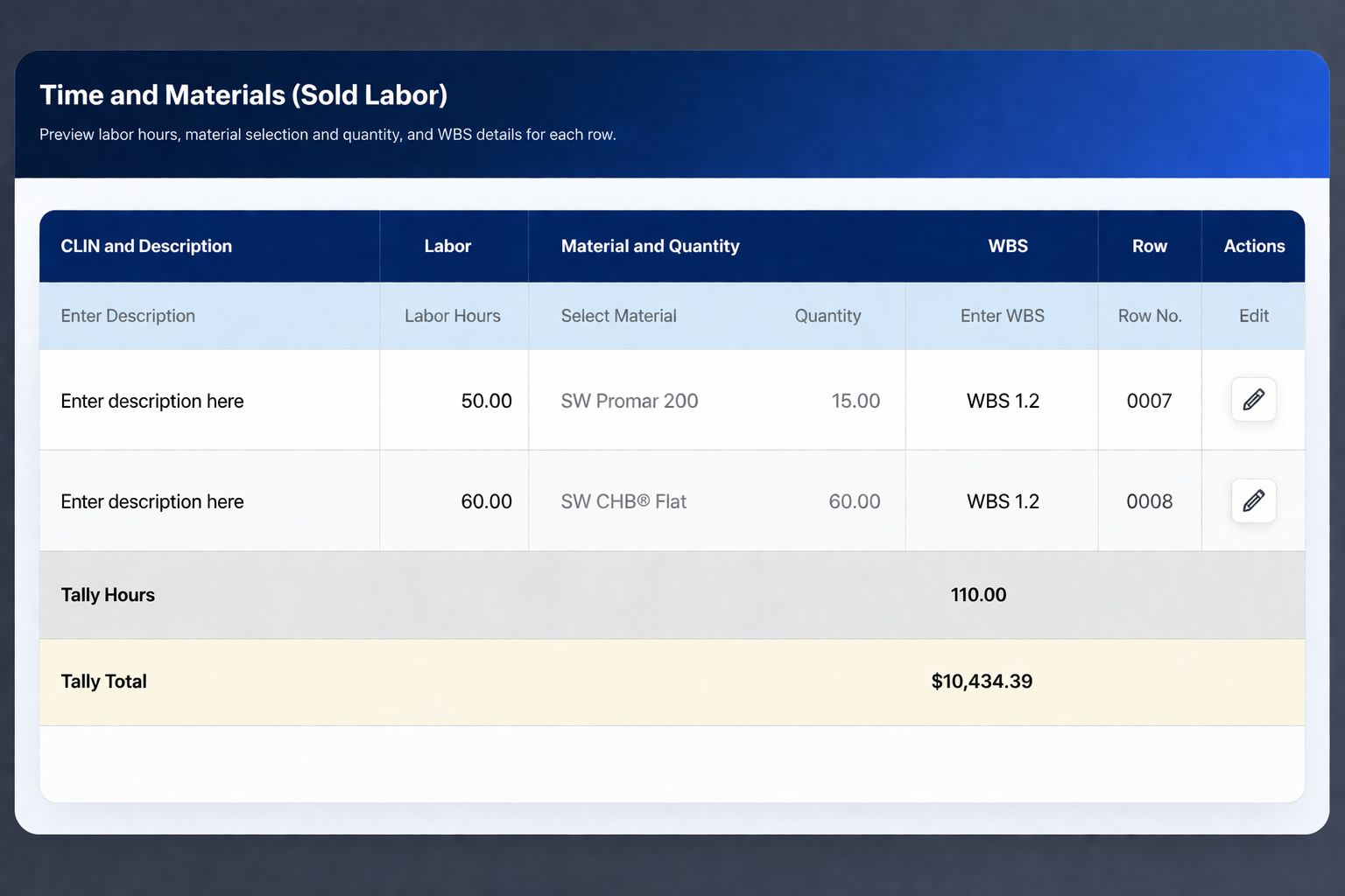 Time and materials estimating preview