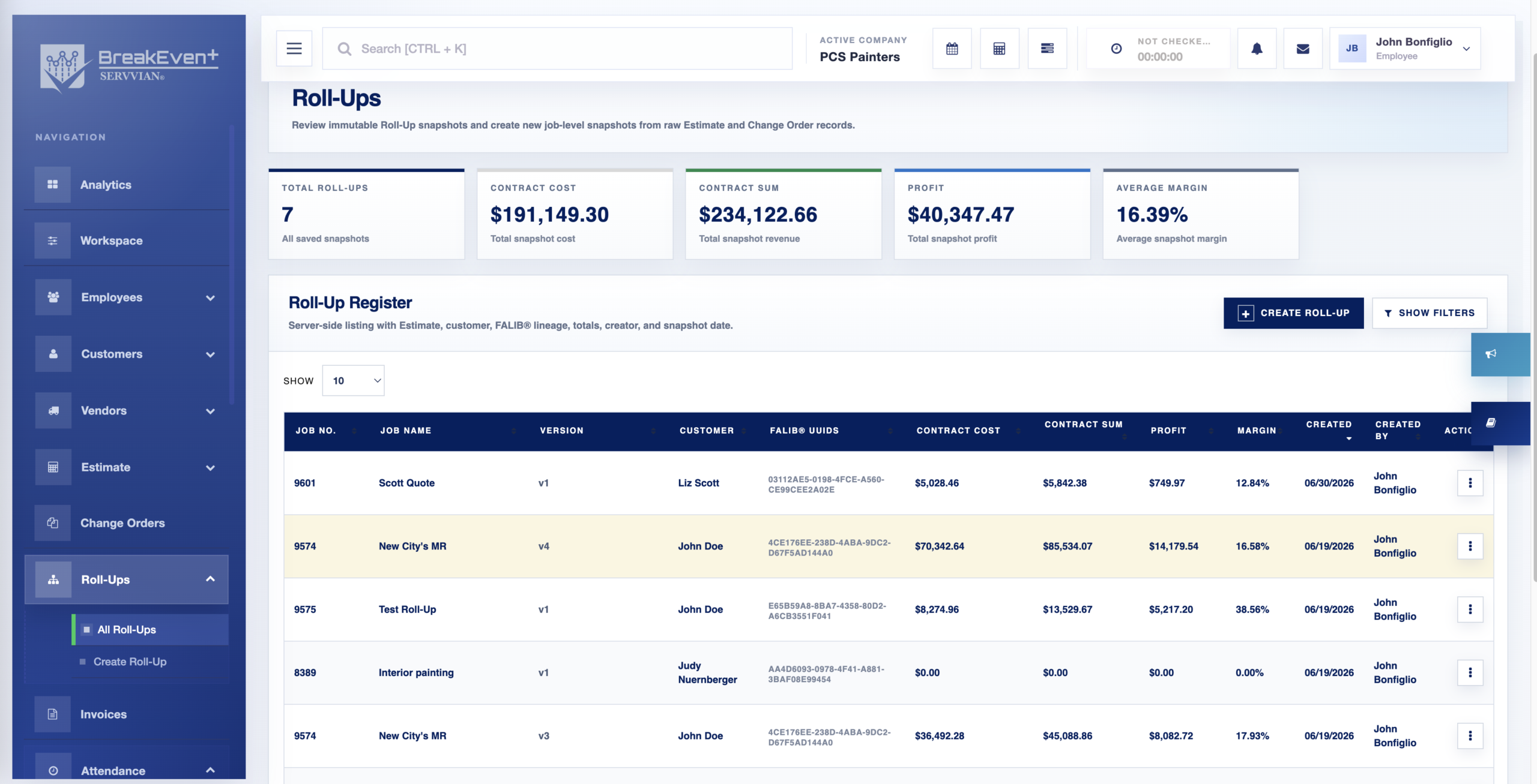 BreakEven+ Roll-Ups dashboard