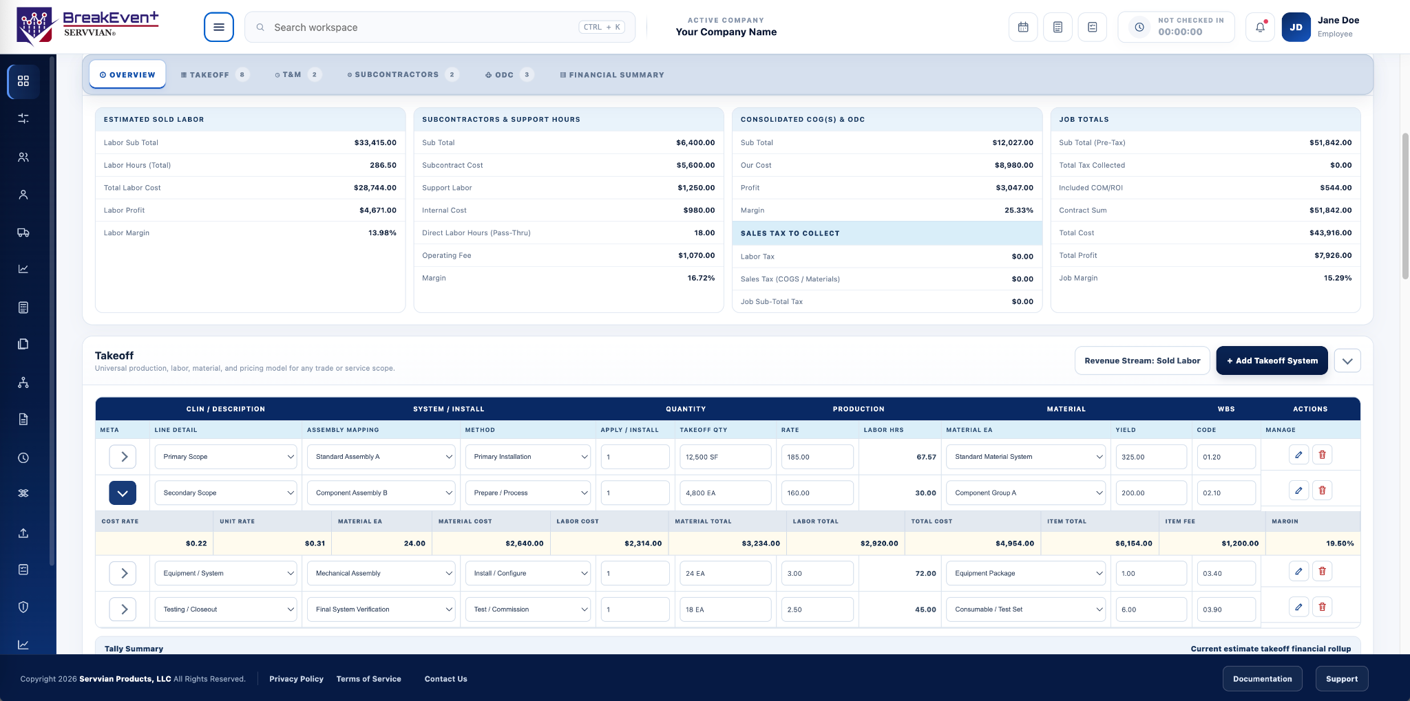 BreakEven+ construction estimating and pricing interface
