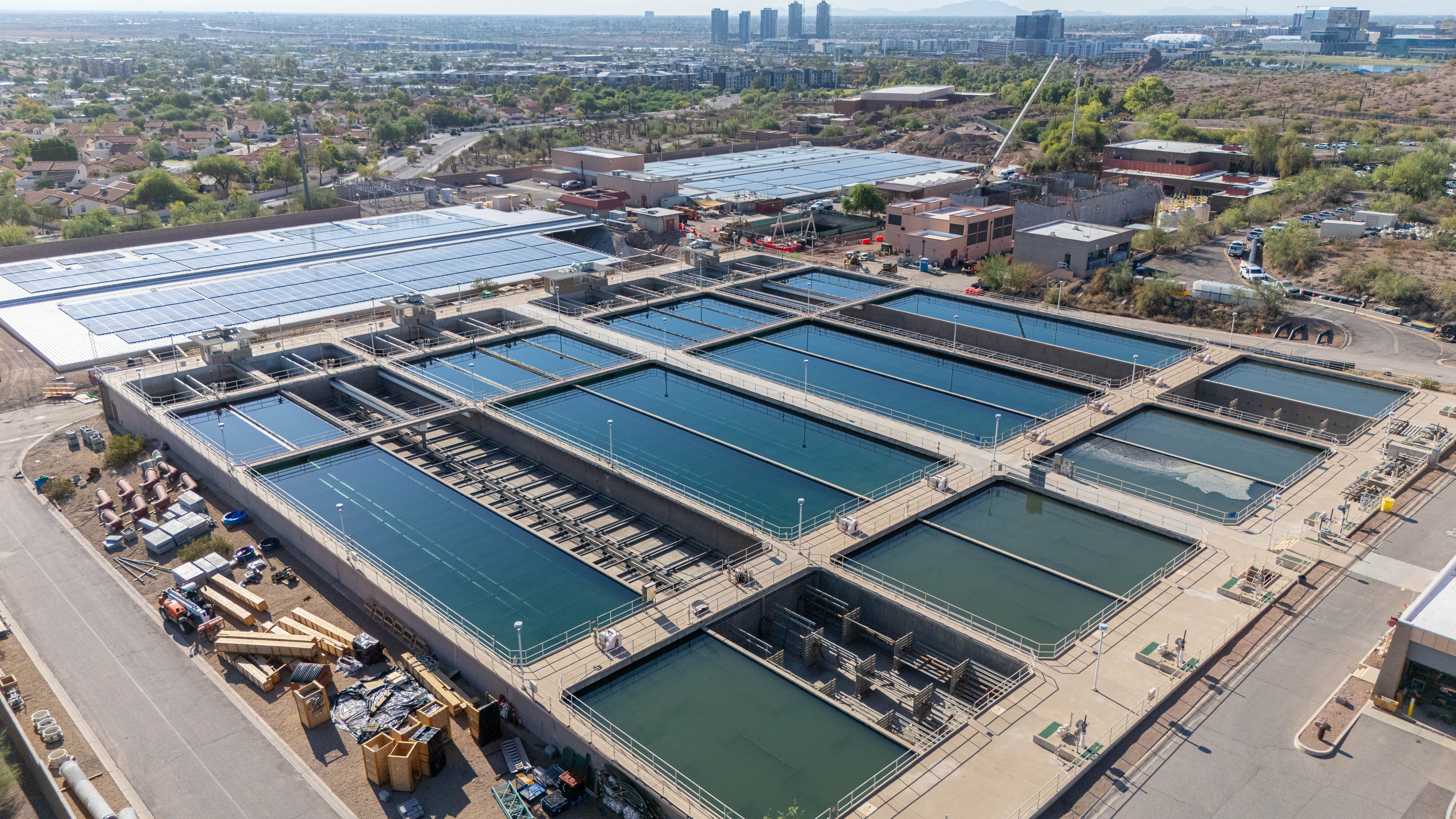 Aerial view of a municipal water treatment facility representing BreakEven+ cost intelligence for public utilities