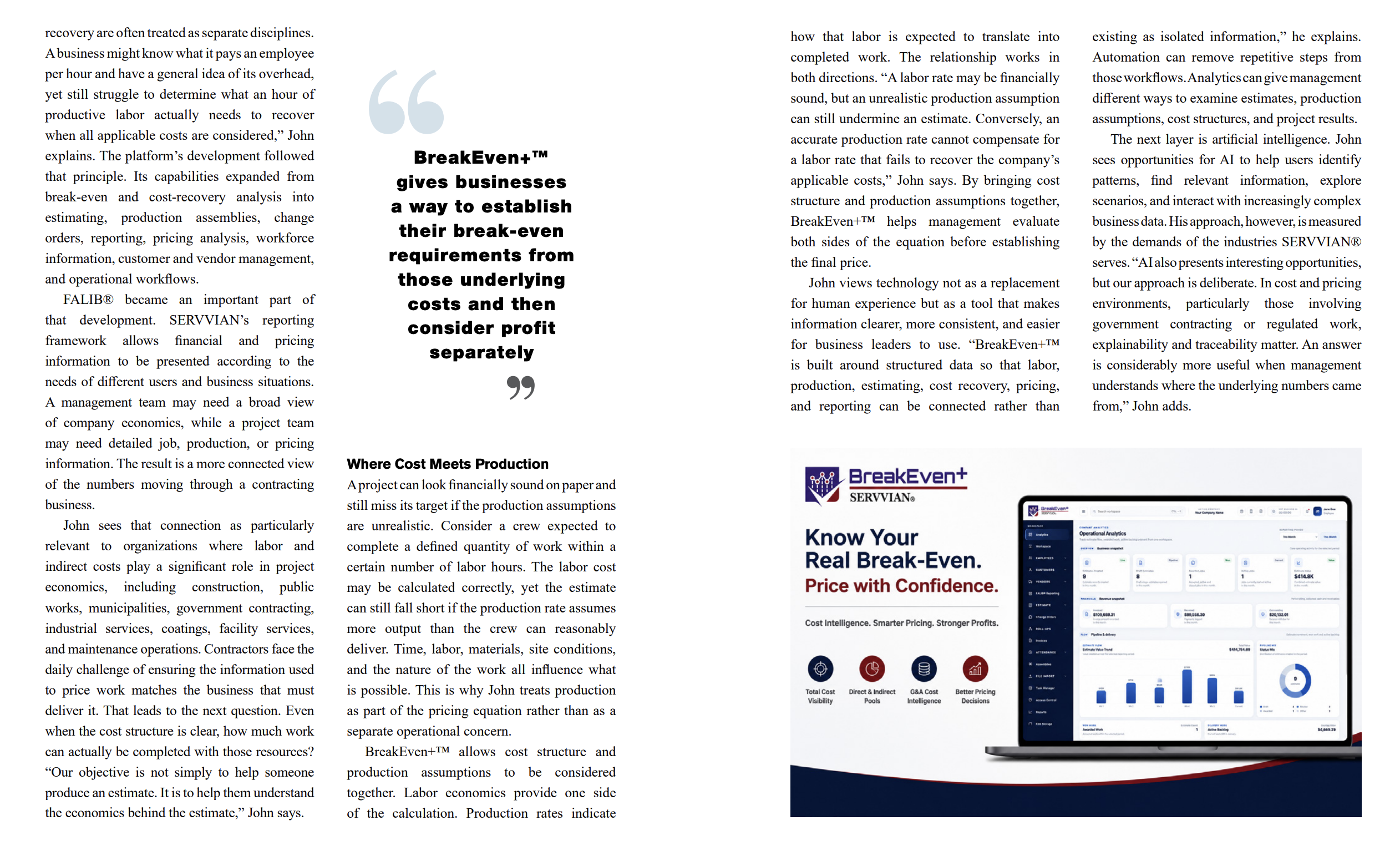 BreakEven+ by SERVVIAN featured in Digital First Magazine for contractor pricing, cost recovery, production, and break-even analysis