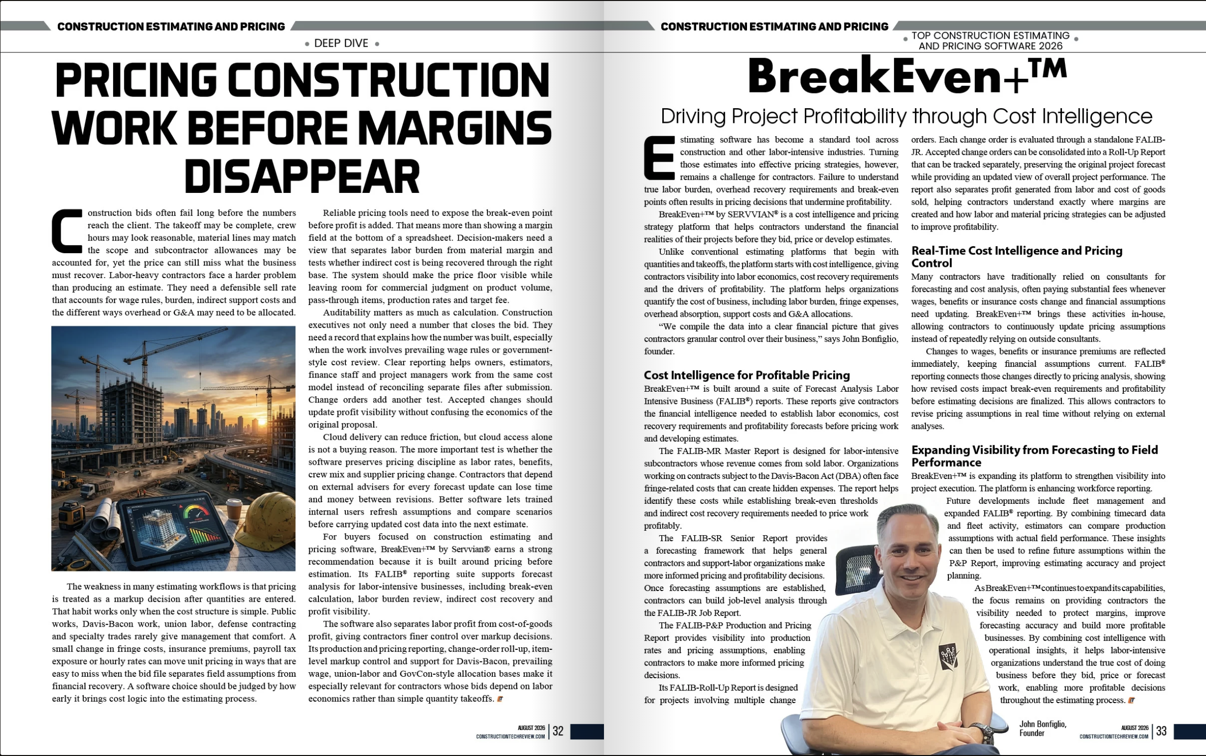 BreakEven+ by SERVVIAN featured in Construction Tech Review for construction estimating, pricing, and cost intelligence