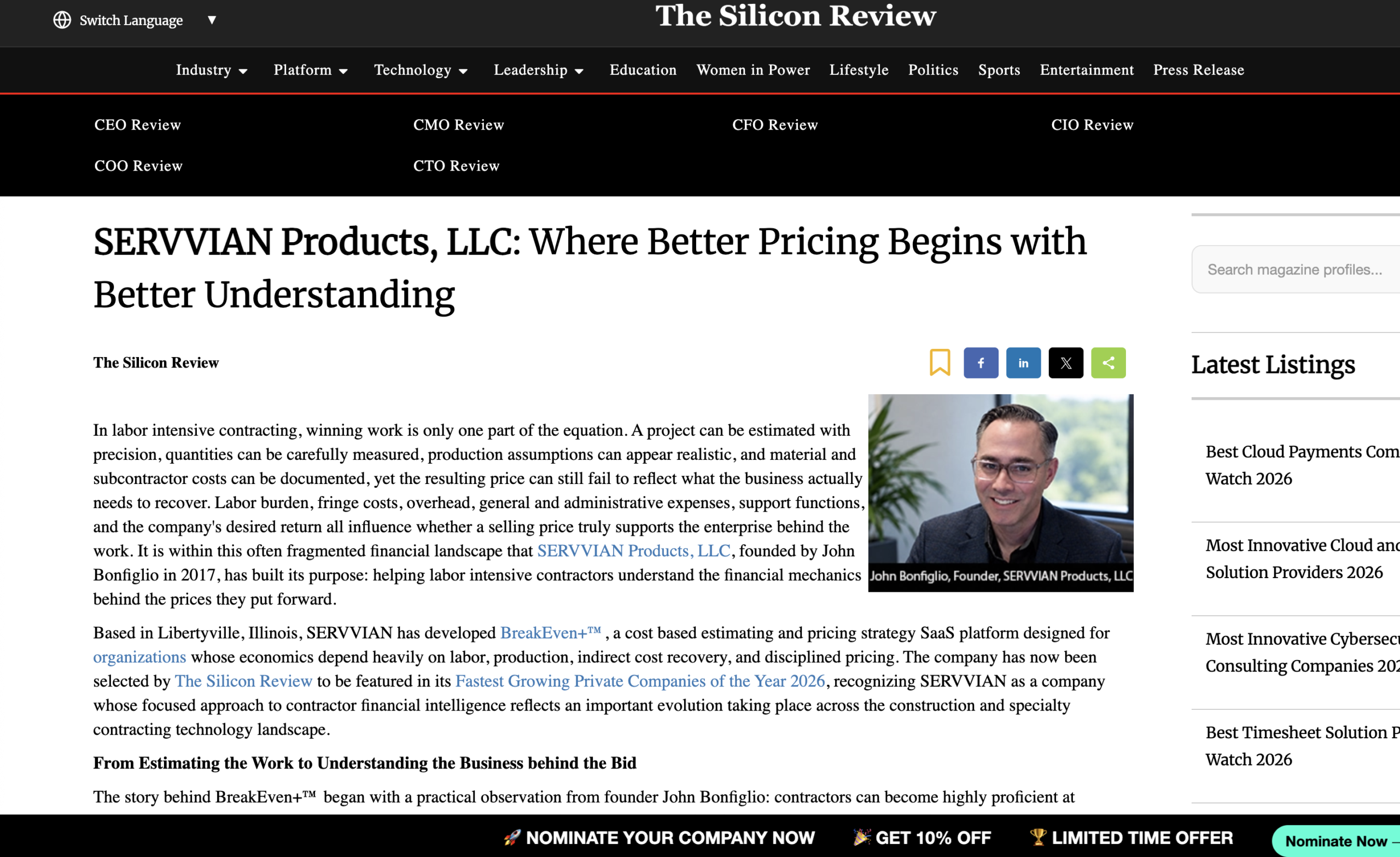 SERVVIAN Products featured in The Silicon Review for BreakEven+ contractor pricing and labor economics